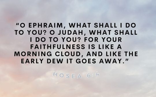 “O Ephraim, what shall I do to you? O Judah, what shall I do to you? For your faithfulness is like a morning cloud, And like the early dew it goes away.”